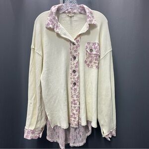 Feminine Boho Boutique Cream Waffle Knit Button Up w/Lilac Floral Lace Details
